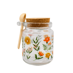 Pote de Vidro Redondo Floral + Cortiça e Colher  - 240ml