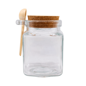 Pote de Vidro Quadrado Bambu + Cortiça e Colher  - 310 ml
